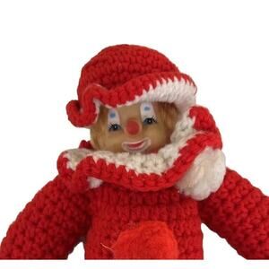 Vintage 70s Handmade Crochet Clown Doll Red Body Rubber Face 14"